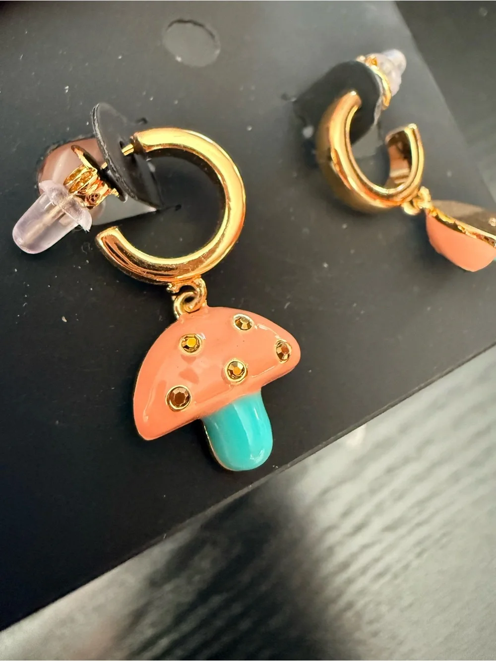 Coach Gold Hoop Earrings with Pink and Turquoise Mushroom Charms - Picture 3 of 3